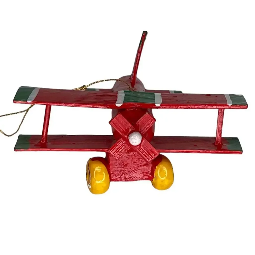 Vintage Wooden Airplane Ornament Red Green Folk Art Christmas Decor